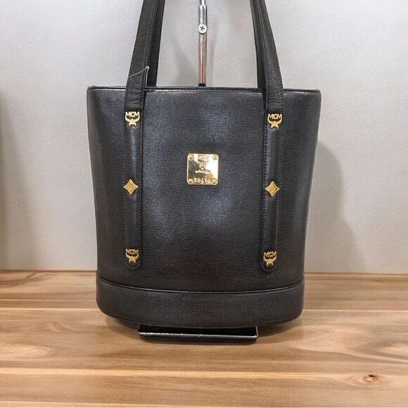 MCM Authentic Vintage Black Saffiano Leather Studded Logo Bucket Shoulder Bag - Picture 2 of 8